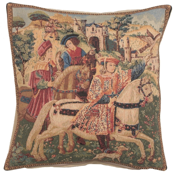 Medieval Hawking Scene Tapestry Cushion Cover: Woven European Cotton Pillow