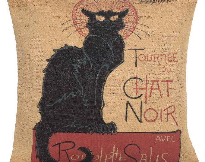 Le Chat Noir Tapestry Pillow Cover: Vintage Parisian Cat Art (18x18 inch)