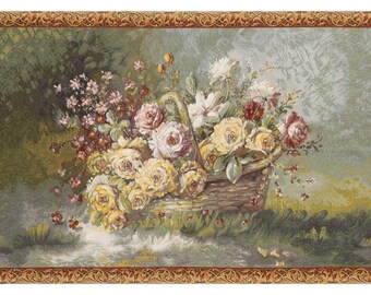 Basket of Flowers Wall Tapestry Hangings - Woven Floral Wall Art - Colorful Still Life Wall Hanging Home Decor Tapestry
