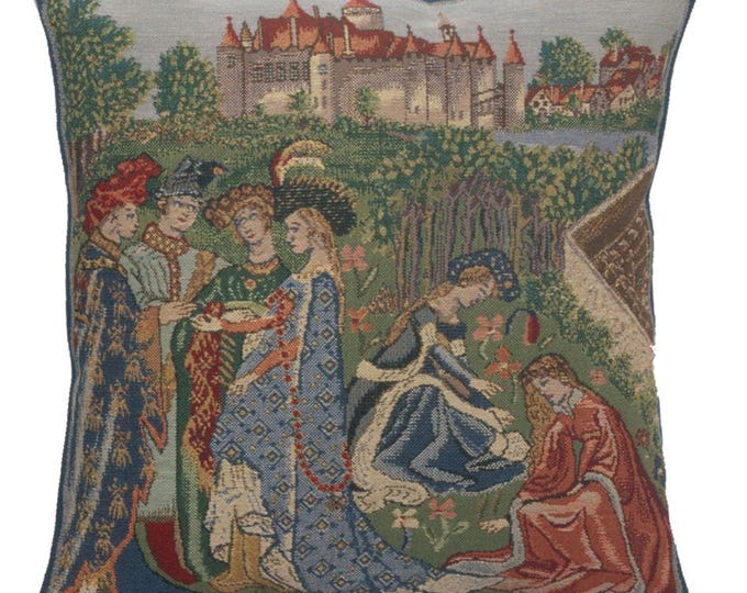 Woven Tapestry Pillow Cover – Duc De Berry Medieval Art, 16x16 Inch