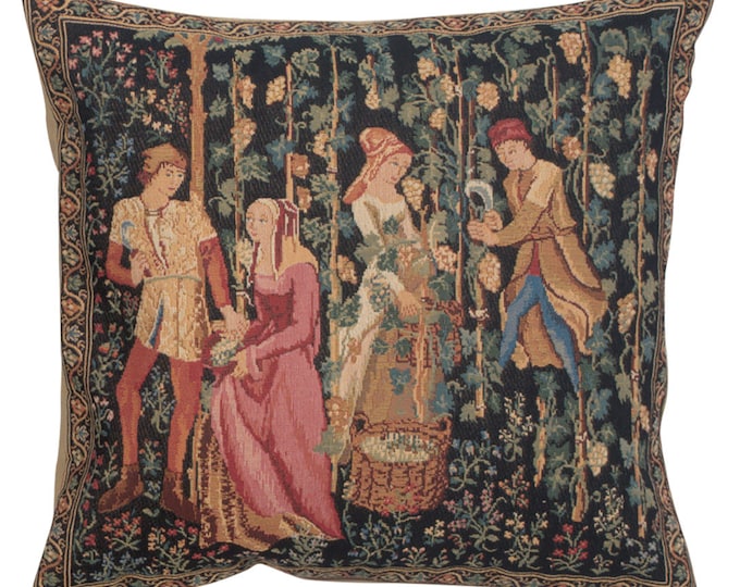Millefleurs Tapestry Pillow Cover: Medieval Harvest Scene, Jacquard Woven (18x18)