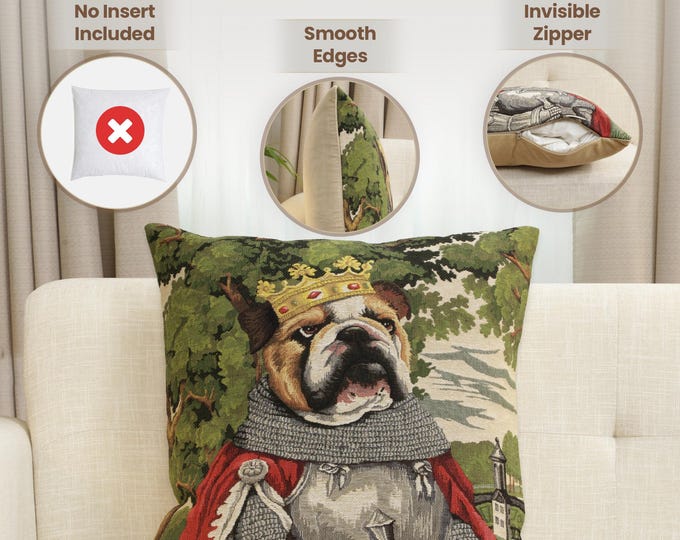 Medieval Bulldog Tapestry Pillow Cover - Funny Belgian Woven Cushion Case for Home Decor 18x18