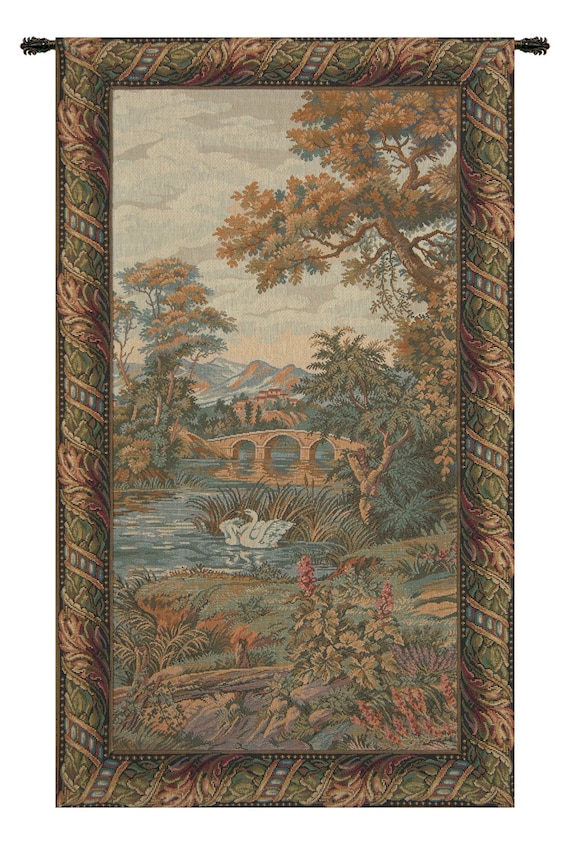 Elegant Swan Lake European Jacquard Wall Tapestry - Vertical Woven Italian Landscape Art Decor Hanging