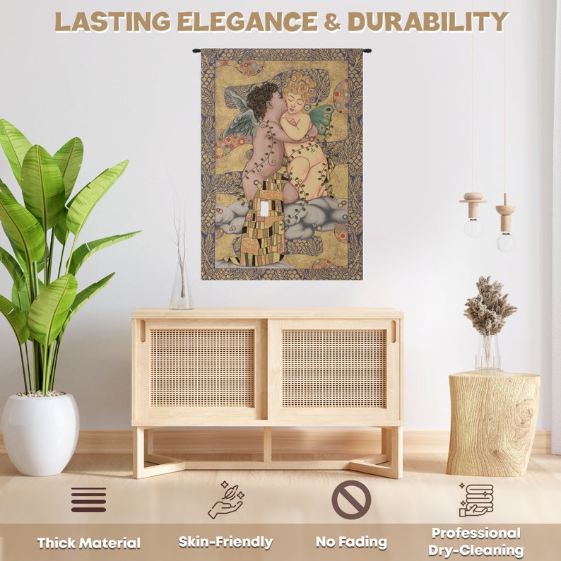 Gustav Klimt 'The First Kiss' Tapestry Wallhanging, Jacquard Woven Wall Tapestry image 6