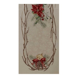 May include: A rectangular Christmas table runner with a beige background and a decorative design. The design includes a red poinsettia, pine needles, berries, and a gold ornament with a red bow, all framed by brown branches.