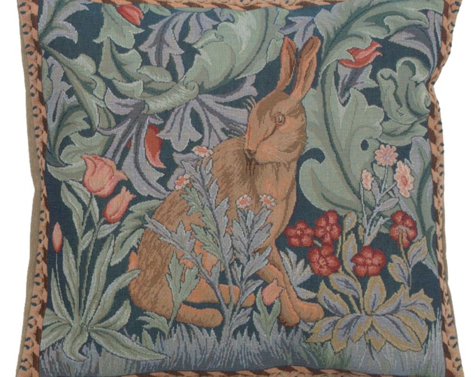 William Morris Rabbit Tapestry Cushion Cover: Jacquard Woven Cotton Pillow (14x14 inch)