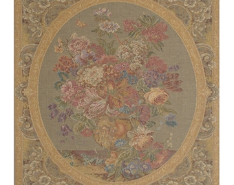 Floral Composition in Vase Cream European Wall Tapestry - Cream Background Wall Art - Flower Bouquet Wall Hanging - Woven Wall Tapestry
