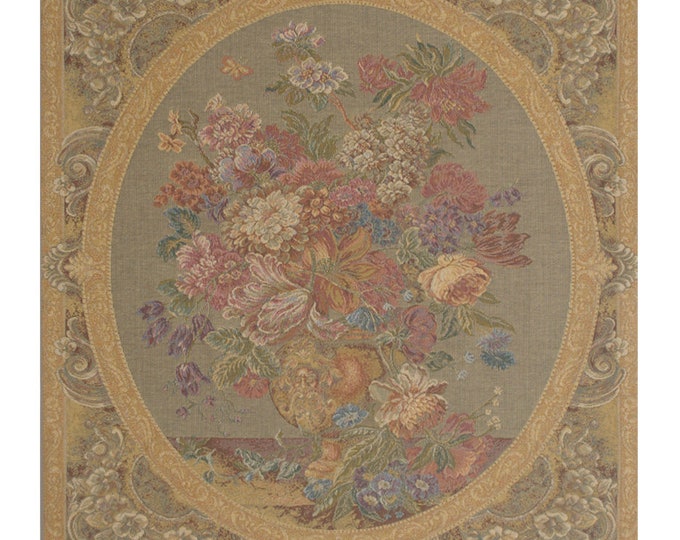 Floral Composition in Vase Cream European Wall Tapestry - Cream Background Wall Art - Flower Bouquet Wall Hanging - Woven Wall Tapestry