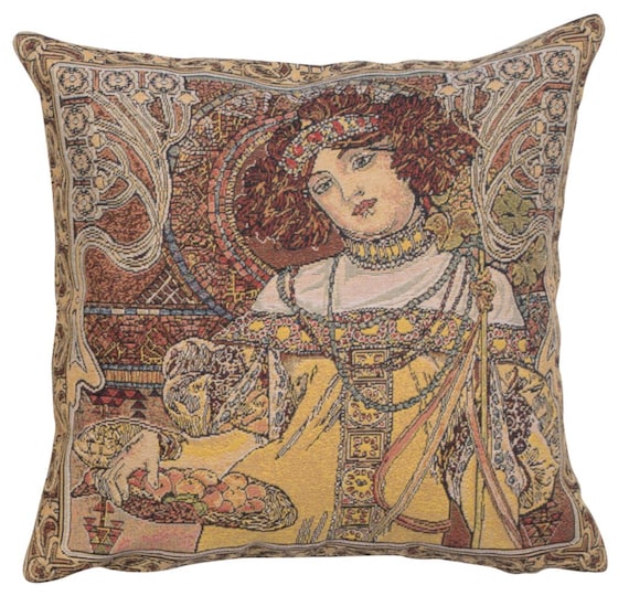Mucha Autumn Tapestry Cushion Cover: Art Nouveau Pillow (18x18)