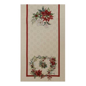 May include: A rectangular beige table runner with a red border and floral designs. The top features a bouquet of red poinsettias and white flowers. The bottom has a wreath of greenery, pinecones, and red roses, with a star ornament.