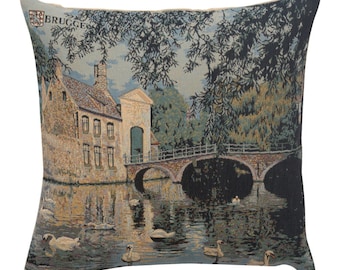 Beuguinage Tapestry Cushion Covers - Beautiful Lake with Swans Art Pillow Covers - 18x18 Woven Cushion Covers - Gobelin Sofa Pillow Covers