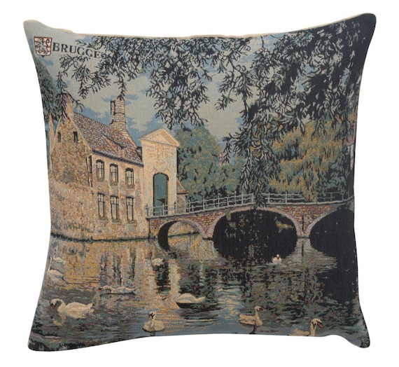 Beuguinage Tapestry Pillow Cover: Lake & Swans Art, 18x18 Woven Cushion