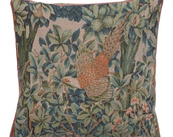 William Morris Tapestry Pillow Cover Pheasant Forest 14x14 Cotton Jacquard Cushion Case Throw Decor