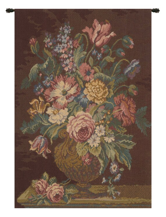 Floral Bouquet Tapestry: Italian Woven Vase with Flowers Wall Hanging