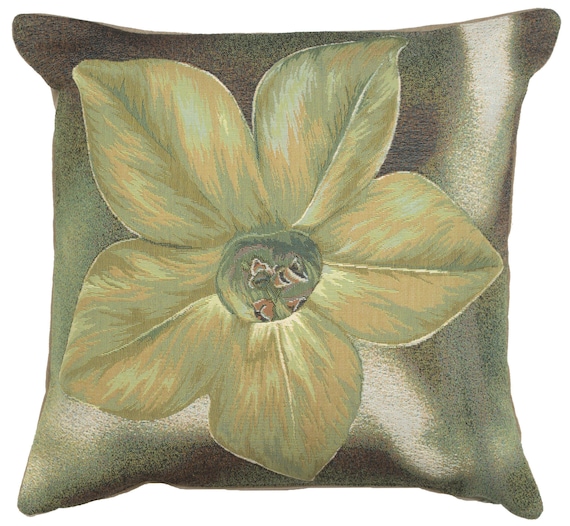 Green Starflower Tapestry Cushion Cover: French Floral Pillow (19x19 Inch)