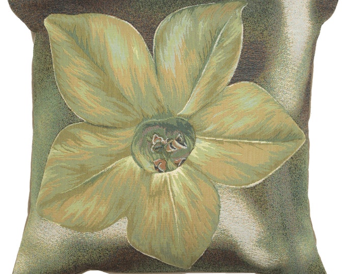 Green Starflower Tapestry Cushion Cover: French Floral Pillow (19x19 Inch)