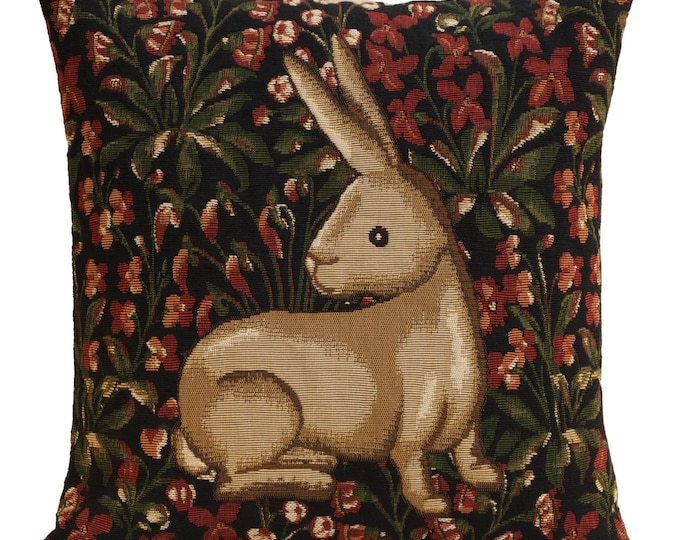 Vintage Belgian Tapestry Cushion Cover: Medieval Rabbit Amidst Floral Garden Scene