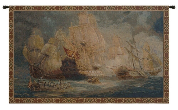 European Naval Battle Tapestry - Medieval Seascape Wall Hanging - Woven Italian Jacquard Art Decor