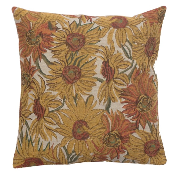 Van Gogh Sunflowers Tapestry Pillow Cover: Belgian Woven Floral Cushion (16x16 inch)