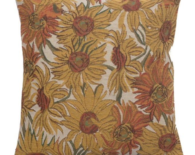 Van Gogh Sunflowers Tapestry Pillow Cover: Belgian Woven Floral Cushion (16x16 inch)