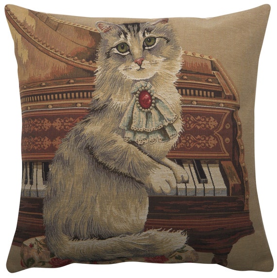 Musical Cat Tapestry Pillow Cover: Belgian Woven Cotton Cushion (18x18)