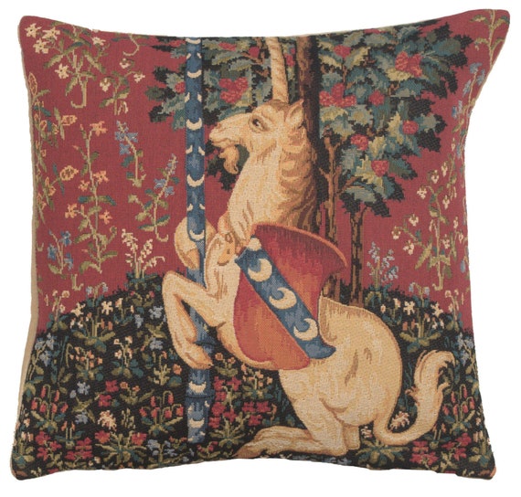 Belgian Woven Medieval Unicorn Tapestry Pillow Cover - 18x18 Decorative Cushion Case for Home Decor