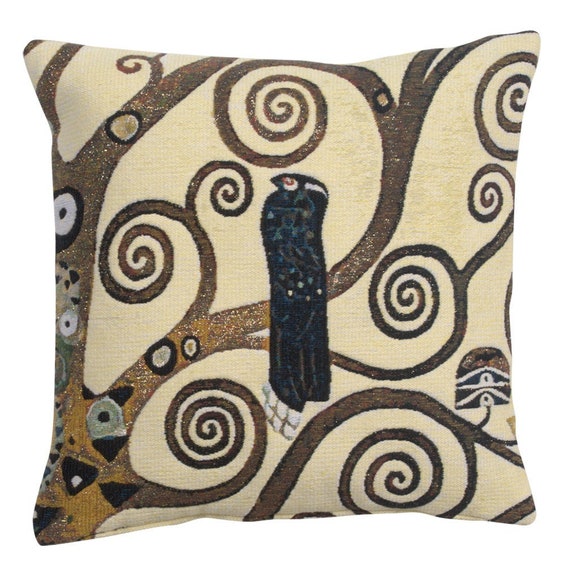 Klimt Tapestry Cushion Cover: Lebensbaum Bird, Belgian Jacquard Pillow (17x17 inch)