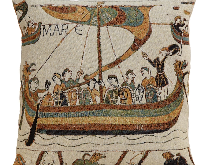 Medieval Bayeux Tapestry Jacquard Woven Cushion Cover - Belgian Throw Pillow for Historical Decor (18x18)