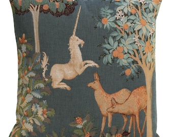 Unicorn Forest French Woven Tapestry Cushion Cover Medieval Throw Pillow 19x19 Inch Fantasy Decor