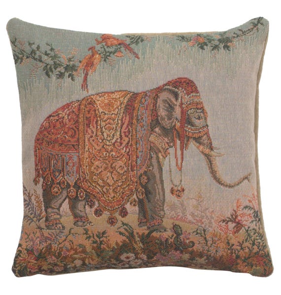 Elephant Tapestry Pillow Cover: Exotic Woven Cotton Cushion (14x14 inch)