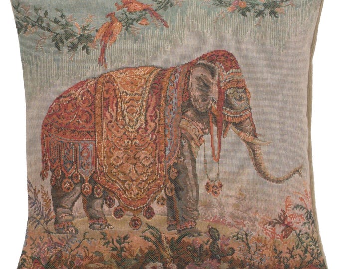 Elephant Tapestry Pillow Cover: Exotic Woven Cotton Cushion (14x14 inch)