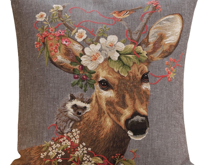 Forest Stag Belgian Tapestry Cushion Cover: Rustic Throw Pillow (18x18 inch)