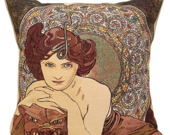 Alphonse Mucha Tapestry Cushion Cover: Art Nouveau Jacquard Pillow, 18x18 Cotton