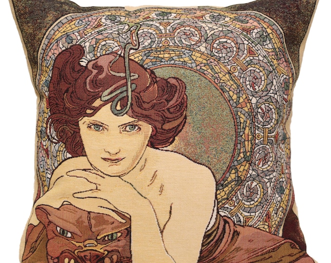 Alphonse Mucha Tapestry Cushion Cover: Art Nouveau Jacquard Pillow, 18x18 Cotton
