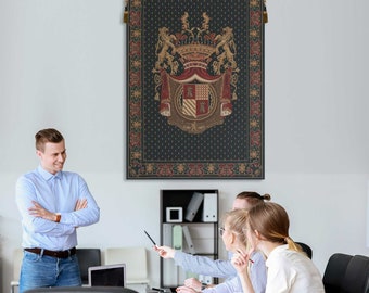 Medieval Heraldic Crest Tapestry: Belgian Woven Black Wall Art
