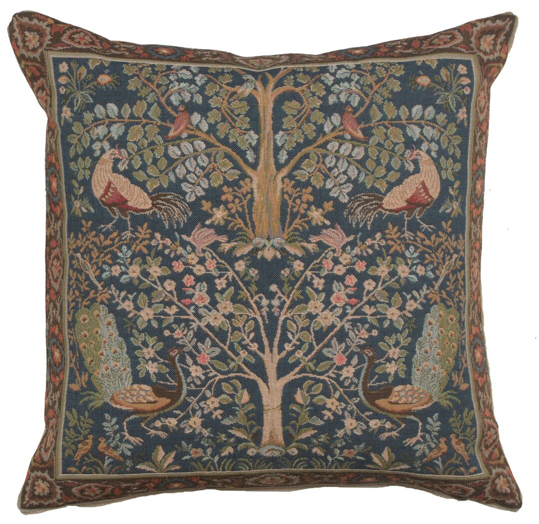 French Woven Tapestry Birds Pillow Covers 19x19 Inch, Blue Gobelin