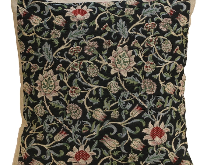 Fleur De Morris Tapestry Cushion Cover: Black Belgian Floral Pillow Case