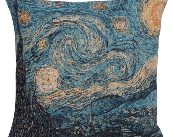 Van Gogh Starry Night Tapestry Pillow Cover: Woven Art Cushion (18x18 inch)