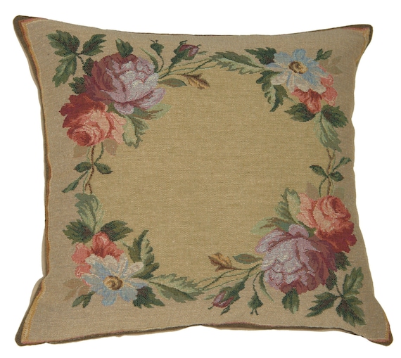 Floral Tapestry Pillow Cover: French Gobelin Cotton Cushion (19x19 inch)