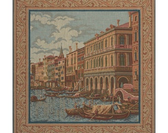 Shore on the Large Canal European Wall Tapestry - Square Jacquard Wall Decor Art - Woven Italian Wall Tapestry - Decorative Wall Hanging