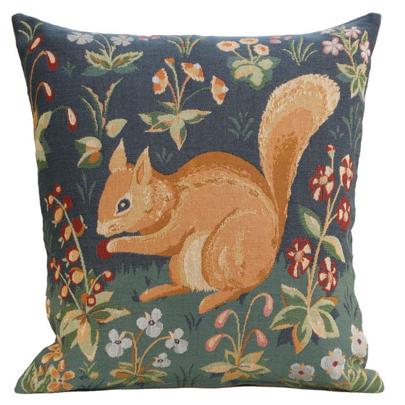 Squirrel Tapestry Pillow Cover: Medieval Animal Art, 19x19 Cotton Cushion