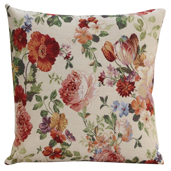 Floral Tapestry Pillow Cover: Spring Garden Throw Cushion (18x18 inch)