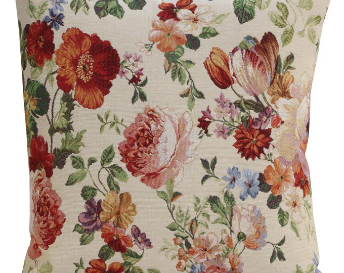 Floral Tapestry Pillow Cover: Spring Garden Throw Cushion (18x18 inch)