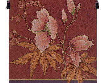 Altea European Wall Tapestry - Floral and Leaves Jacquard Wall Hanging - Red Medieval French Wall Décor Art - Woven Decorative Wall Tapestry