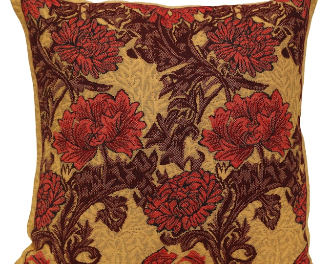 Chrysanthemum Bordo Tapestry Pillow Cover | 16x16 inch William Morris Art Cushion Cover | Floral Sofa Throw Cushion Case | Red Floral Pillow