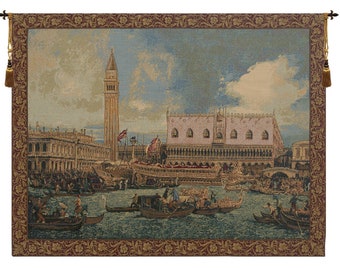 Bucintoro I European Wall Tapestry - Coastal Dwelling Wall Decor Art - Woven Italian Wall Tapestry - Castle and Lake Como Wall Hanging