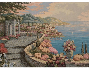 Promenade By The Lake European Wall Tapestry - Lake Como Wall Decor Art - Woven Italian Wall Tapestry - Floral Decorative Wall Hanging