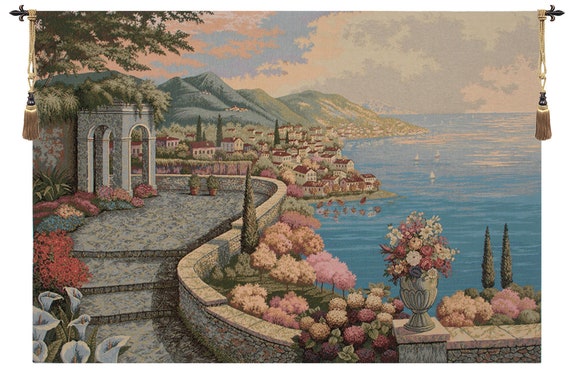 Lake Como Tapestry: Italian Woven Wall Hanging, Floral Lake View (36x53 inch)