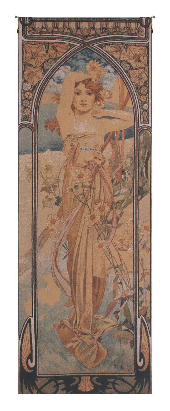 Mucha Jour European Woven Tapestry: Floral Art Nouveau Wall Hanging for Elegant Home Decor