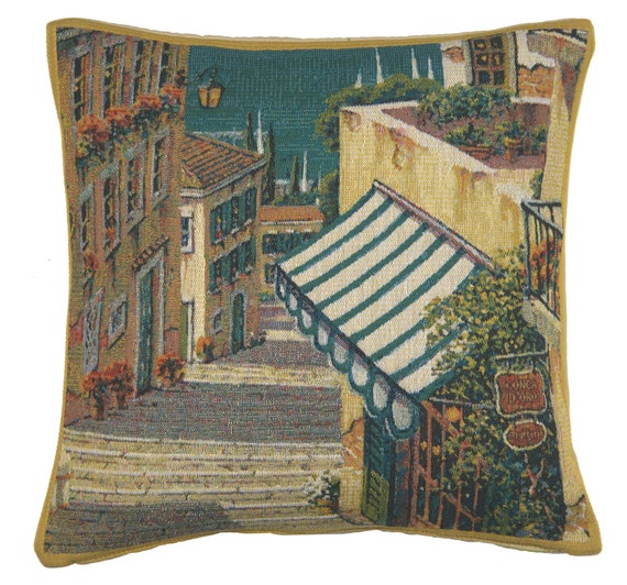 Bellagio Village Tapestry Pillow Cover: Belgian Woven Cushion, 17x17 inch